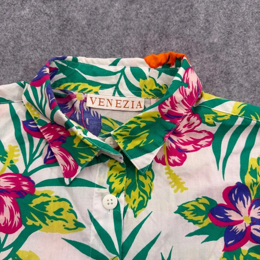 VENEZIA Tropical Hawaiian Shirt Men's XL White Floral Palm Button Up